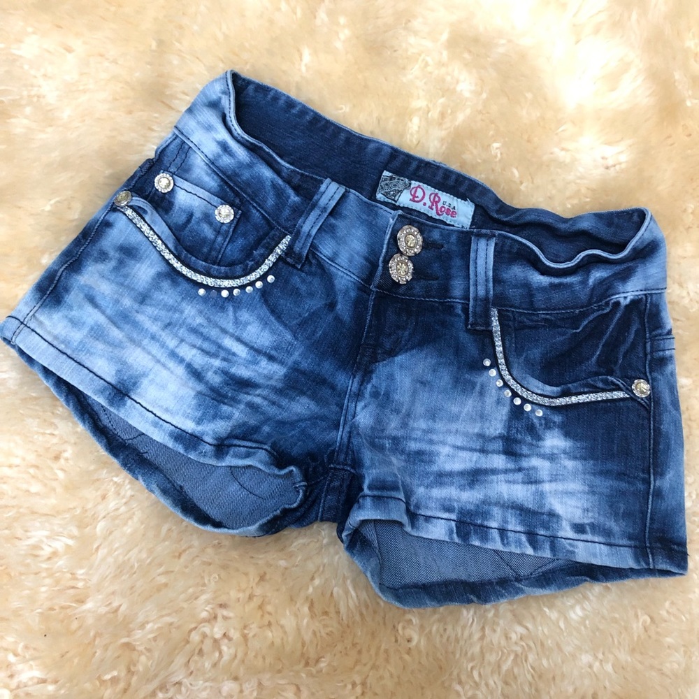 Rhinestone crystal gem acid wash distressed women's denim jeans shorts